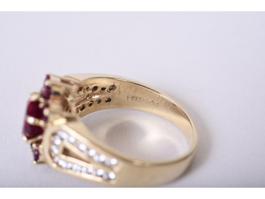 14K Yellow Gold Synthetic Ruby And Diamond Ring, Size 7.75 *UPDATED*