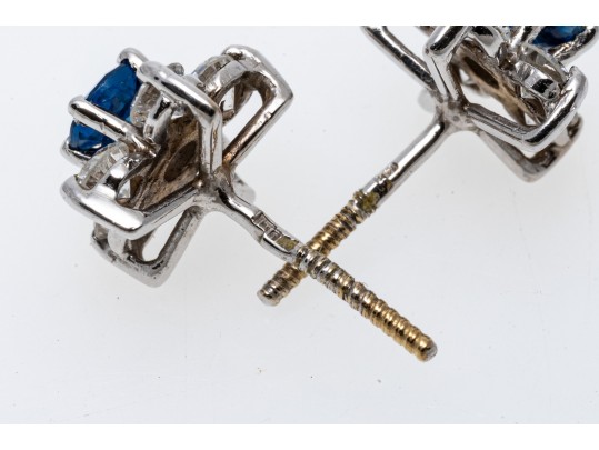 14k White Gold Stunning Round Sapphire And Diamond Halo Earring