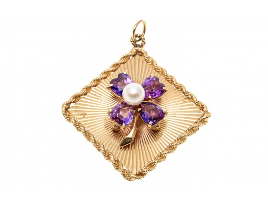 14kyg Large Lucky Vintage 1950's Four Leaf Clover Retro Pendant