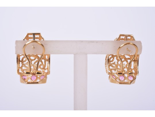 14K Yellow Gold Pink Tourmaline Filigree Earrings And Matching Pendant