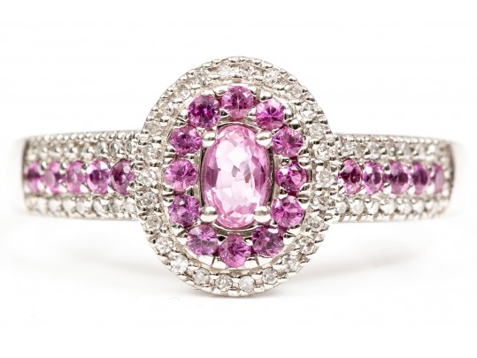 14K White Gold, Pink Sapphire And Diamond Ring, Size 11+