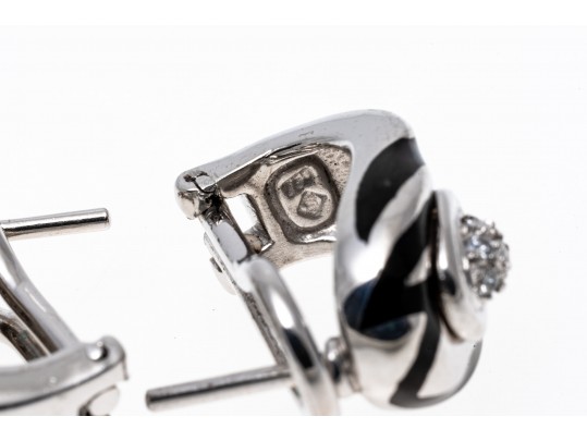 18k White Gold Stunning Black Enamel And Pave Diamond Half Hoop Earrings