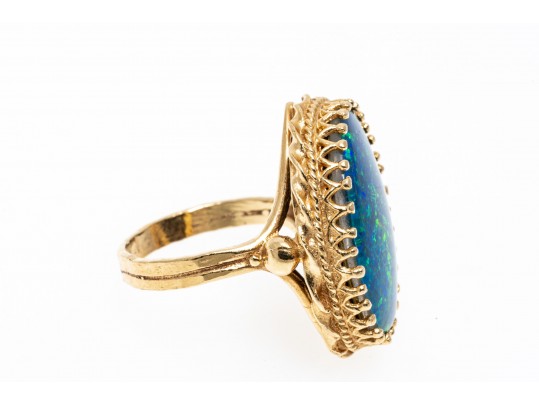14k Yellow Gold Stunning Blue Green Opal Doublet Ring, Size 5.5