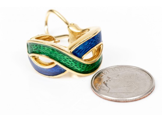 Vibrant Blue And Green Enamel 18K Earrings 