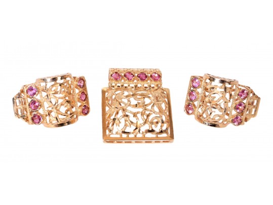 14K Yellow Gold Pink Tourmaline Filigree Earrings And Matching Pendant