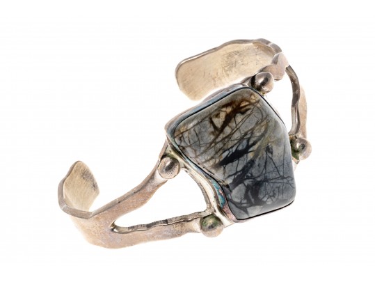 A.Cadman Sterling Silver Fabulous Hand Wrought Picture Jasper Cuff Bracelet