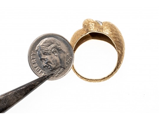 14k Yellow Gold Vintage Diamond Swirl Dome Ring, Florentine Finished, Size 6.75