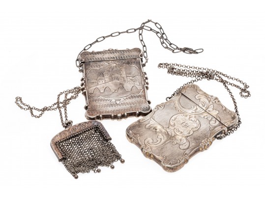Lot Of Three Antique Sterling Silver Chatelaine Pieces, Including Two Card Cases