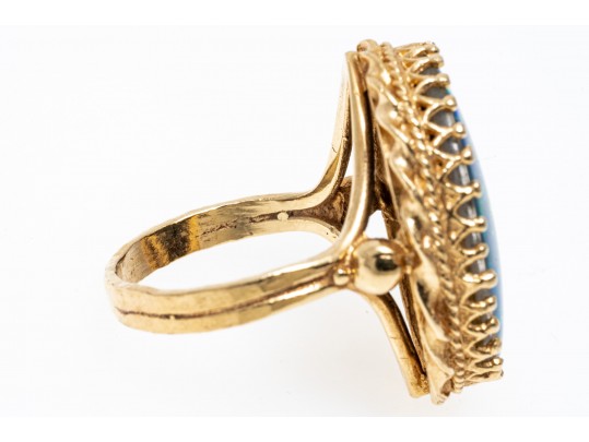 14k Yellow Gold Stunning Blue Green Opal Doublet Ring, Size 5.5