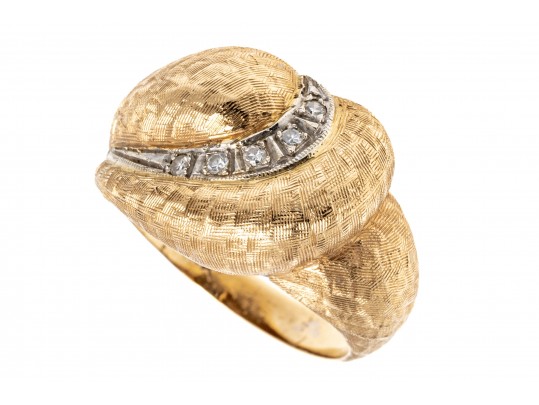 14k Yellow Gold Vintage Diamond Swirl Dome Ring, Florentine Finished, Size 6.75