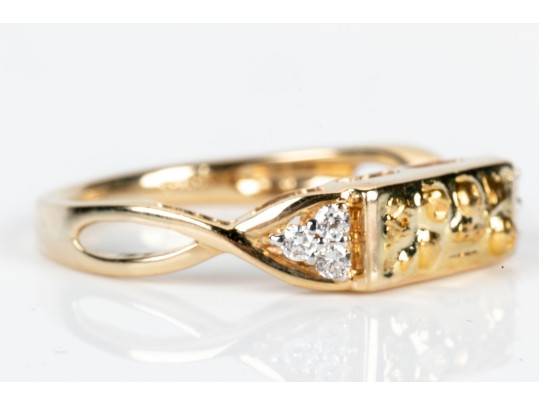 14K And Diamond Ring With 24K Textured Image, Size 7