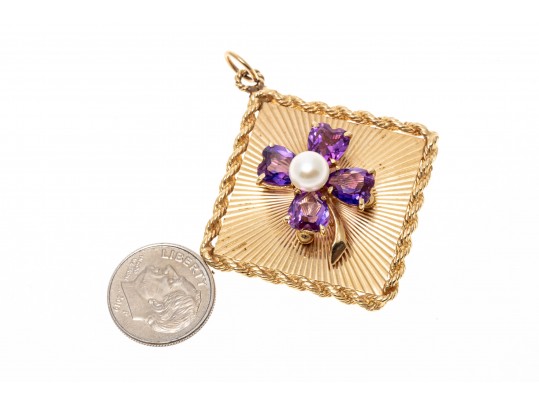 14kyg Large Lucky Vintage 1950's Four Leaf Clover Retro Pendant