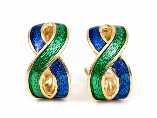Vibrant Blue And Green Enamel 18K Earrings 