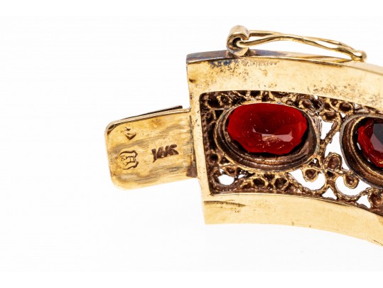 14kyg Spectacular Subari Brothers Vintage Wide Filigree Garnet Bangle Bracelet
