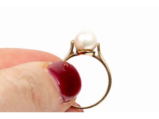 Collection Of 14K And Cultured Pearl Necklace, Earrings And Ring, Size 6