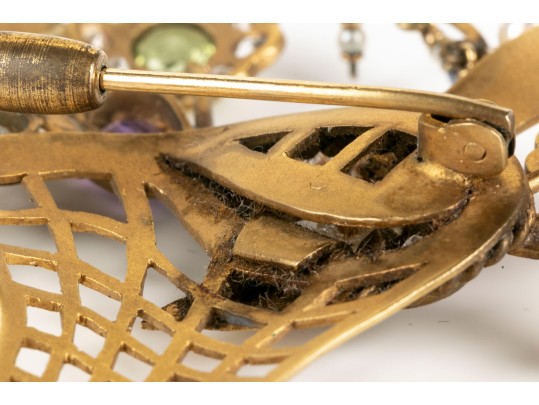 Pretty Antique 14k Yellow Gold Diamond And Gemstone Basket And Flower Motif Brooch