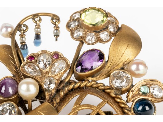 Pretty Antique 14k Yellow Gold Diamond And Gemstone Basket And Flower Motif Brooch