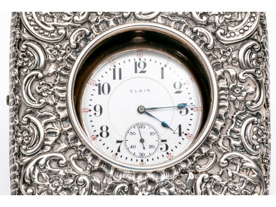 English Vintage Sterling Repousse Pocketwatch Holder With Gold Filled Elgin Watch