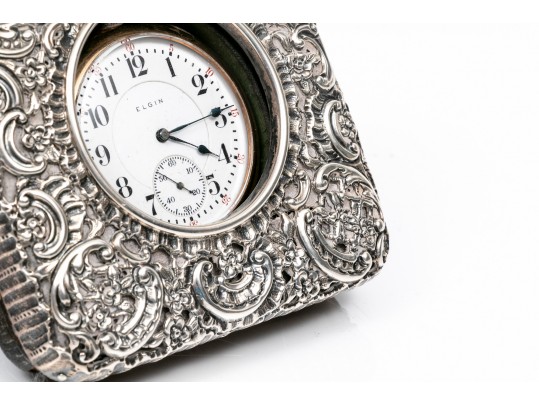 English Vintage Sterling Repousse Pocketwatch Holder With Gold Filled Elgin Watch