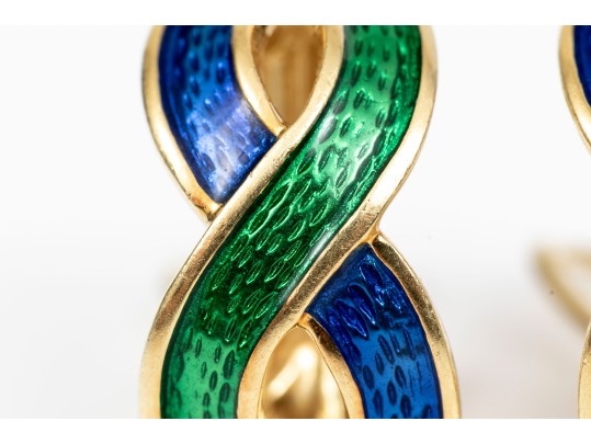 Vibrant Blue And Green Enamel 18K Earrings 