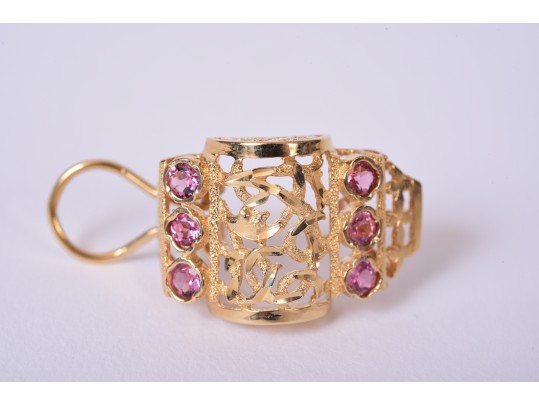 14K Yellow Gold Pink Tourmaline Filigree Earrings And Matching Pendant