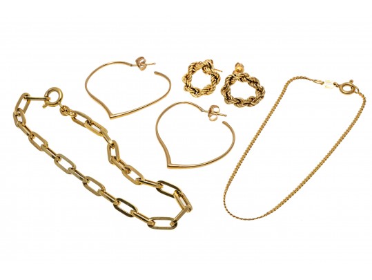 Lot Of Four Assorted Yellow Gold Jewelry Items, Including Earrings