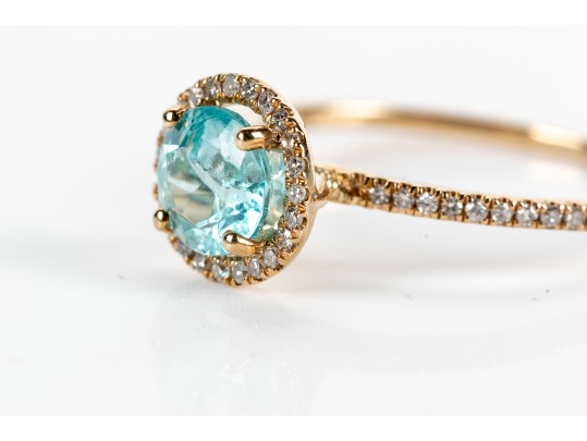 10K Blue Glass And Diamond Halo Ring, Size 6.75-