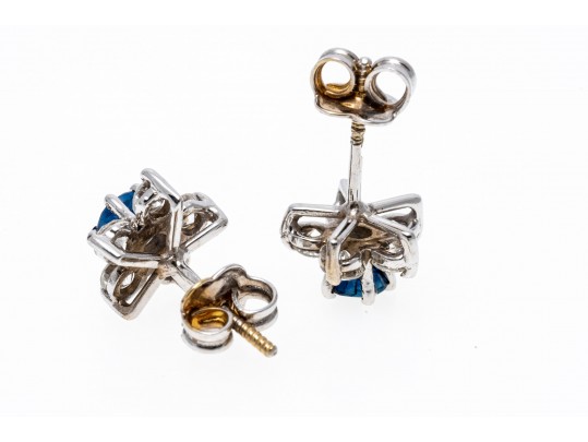 14k White Gold Stunning Round Sapphire And Diamond Halo Earring