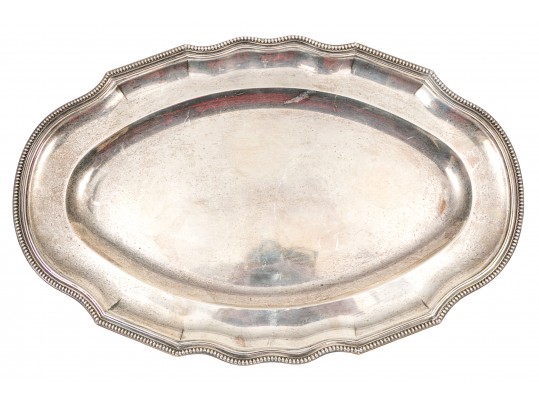 Vintage Classic French Silver Oval Tray, Chippendale Border With Beaded Edge