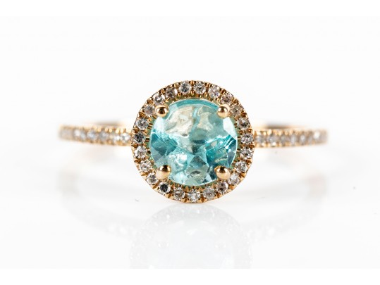 10K Blue Glass And Diamond Halo Ring, Size 6.75-