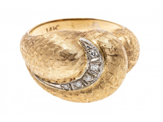 14k Yellow Gold Vintage Diamond Swirl Dome Ring, Florentine Finished, Size 6.75