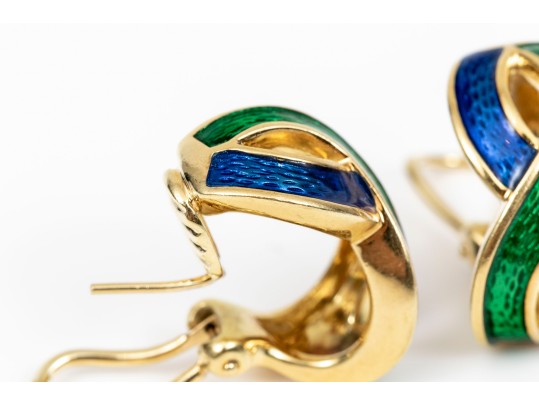 Vibrant Blue And Green Enamel 18K Earrings 