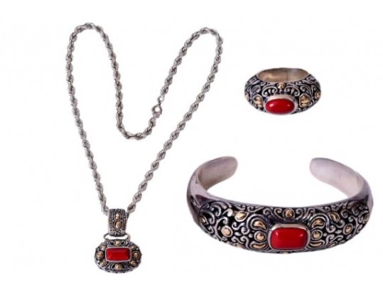 Samuel Benham BJC Sterling Silver, 18K Red Coral Jewelry Suite