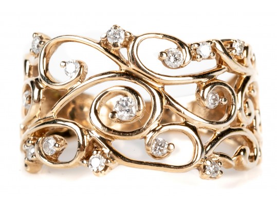 Stunning 10K Open Scrollwork And Diamond Ring, Size 7.5