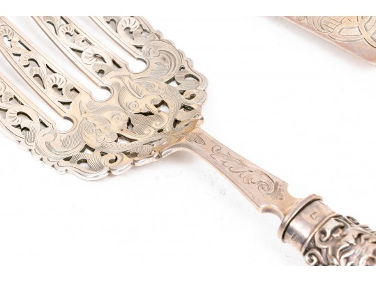 Sheffield, England Magnificent Antique Sterling Fish Set, Circa 1861, Beautifully Chased, With Box