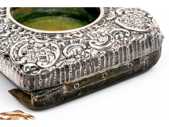 English Vintage Sterling Repousse Pocketwatch Holder With Gold Filled Elgin Watch