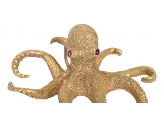 Playful 18k Yellow Gold Diamond Ruby Eyed Octopus Brooch