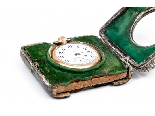 English Vintage Sterling Repousse Pocketwatch Holder With Gold Filled Elgin Watch