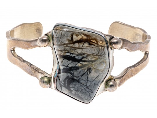 A.Cadman Sterling Silver Fabulous Hand Wrought Picture Jasper Cuff Bracelet