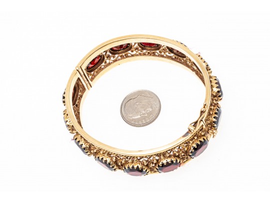 14kyg Spectacular Subari Brothers Vintage Wide Filigree Garnet Bangle Bracelet