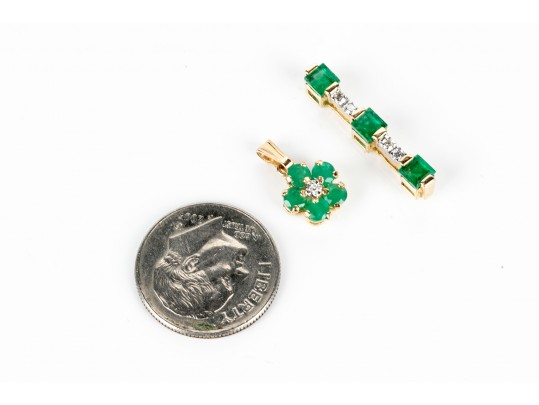 Two Petite 14K Emerald And Diamond Pendants