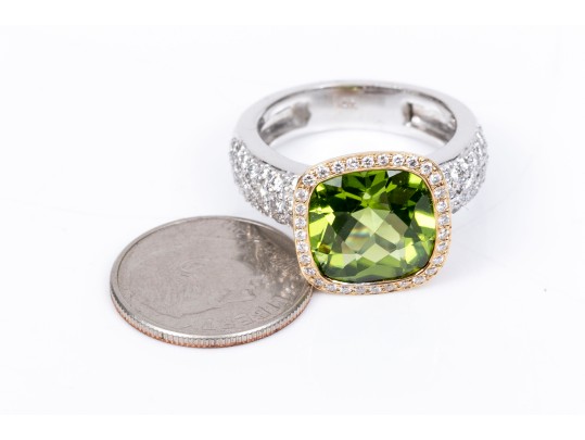 Dramatic 18K White Gold Peridot And Diamond Ring, Size 7.25