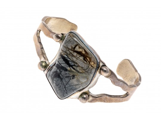 A.Cadman Sterling Silver Fabulous Hand Wrought Picture Jasper Cuff Bracelet