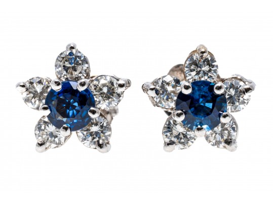 14k White Gold Stunning Round Sapphire And Diamond Halo Earring