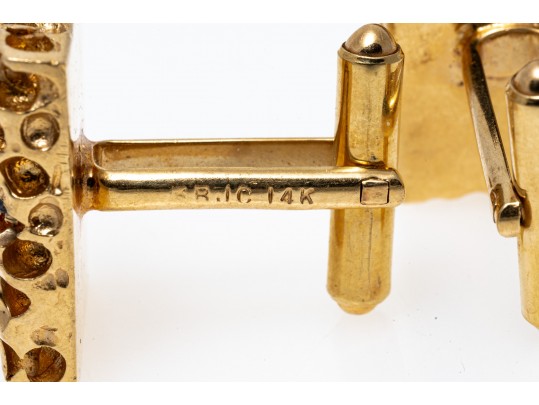 14k Yellow Gold Striking Retro Nugget And Sapphire Motif Cufflinks