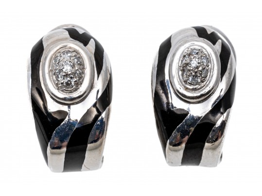 18k White Gold Stunning Black Enamel And Pave Diamond Half Hoop Earrings