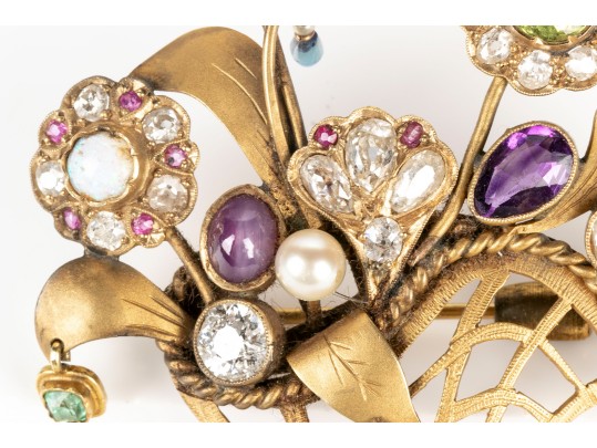 Pretty Antique 14k Yellow Gold Diamond And Gemstone Basket And Flower Motif Brooch