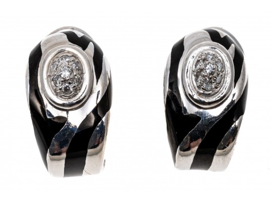 18k White Gold Stunning Black Enamel And Pave Diamond Half Hoop Earrings