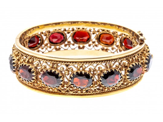 14kyg Spectacular Subari Brothers Vintage Wide Filigree Garnet Bangle Bracelet