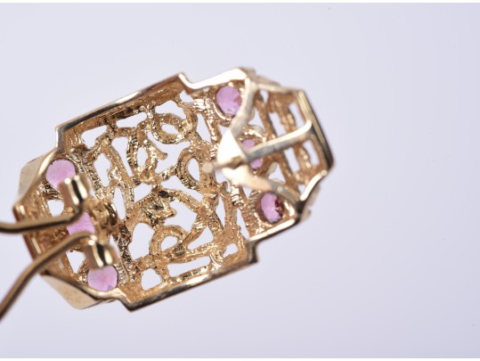 14K Yellow Gold Pink Tourmaline Filigree Earrings And Matching Pendant